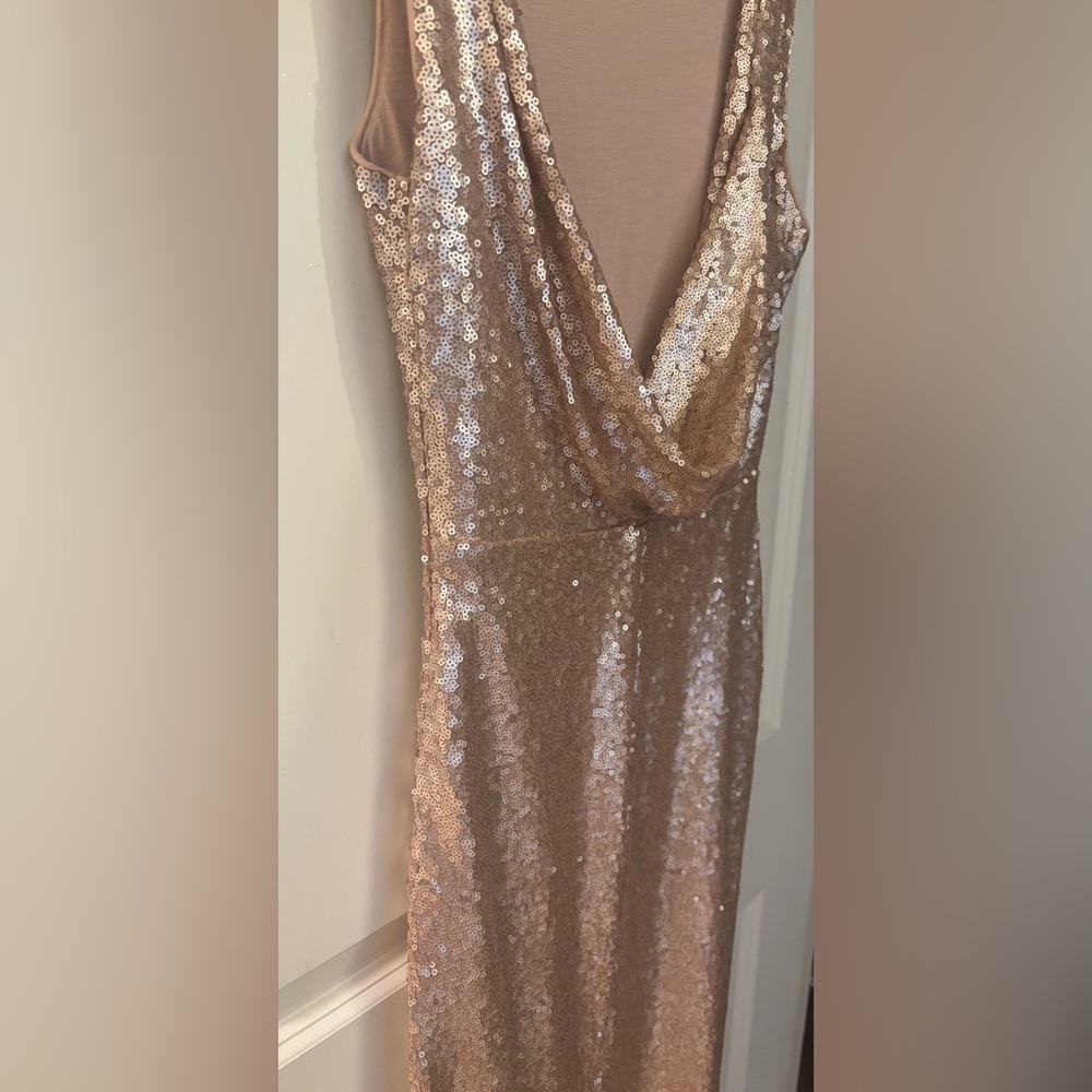 Lulu’s High Neck Cowl Back Maxi Sequin Dress, Gold/Tan, Size S - Picture 7 of 14
